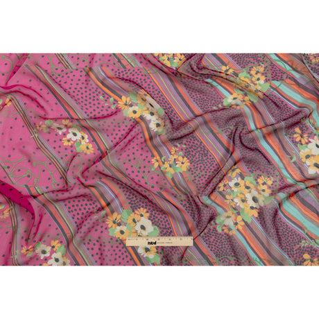 Hot Pink, Yellow and Green Stripes, Spots and Flowers Silk Chiffon