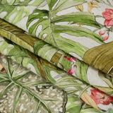 Cotton and Viscose Striped Seersucker Print - White, Green and Pink Tropical Leaves and Flowers - Mood Exclusive Monstera Mambo