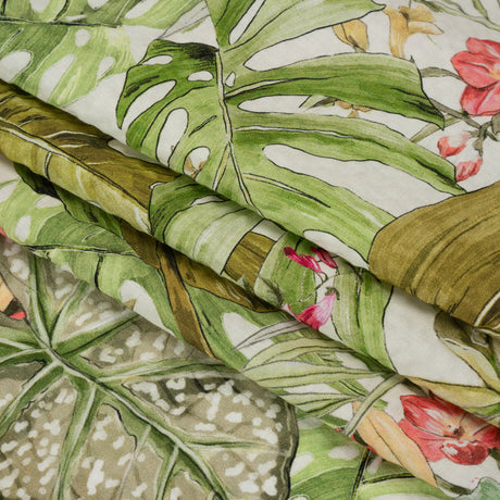 Cotton and Viscose Striped Seersucker Print - White, Green and Pink Tropical Leaves and Flowers - Mood Exclusive Monstera Mambo