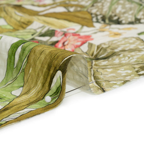 Cotton and Viscose Striped Seersucker Print - White, Green and Pink Tropical Leaves and Flowers - Mood Exclusive Monstera Mambo