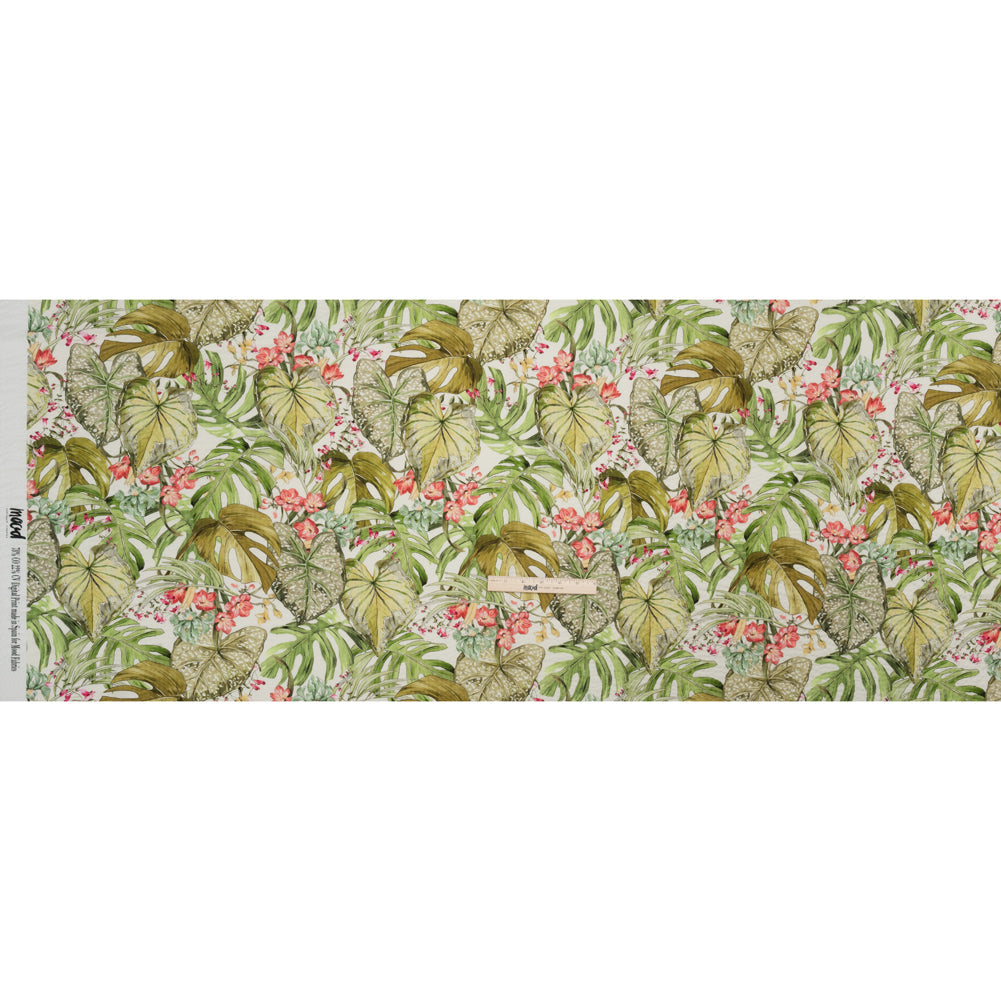 Cotton and Viscose Striped Seersucker Print - White, Green and Pink Tropical Leaves and Flowers - Mood Exclusive Monstera Mambo