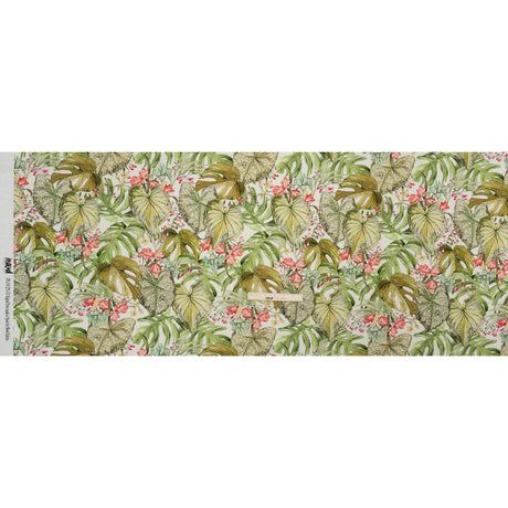 Cotton and Viscose Striped Seersucker Print - White, Green and Pink Tropical Leaves and Flowers - Mood Exclusive Monstera Mambo