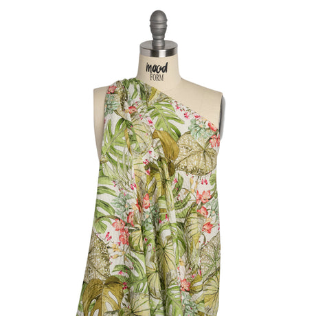 Cotton and Viscose Striped Seersucker Print - White, Green and Pink Tropical Leaves and Flowers - Mood Exclusive Monstera Mambo