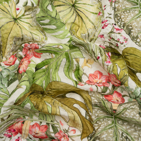 Cotton and Viscose Striped Seersucker Print - White, Green and Pink Tropical Leaves and Flowers - Mood Exclusive Monstera Mambo
