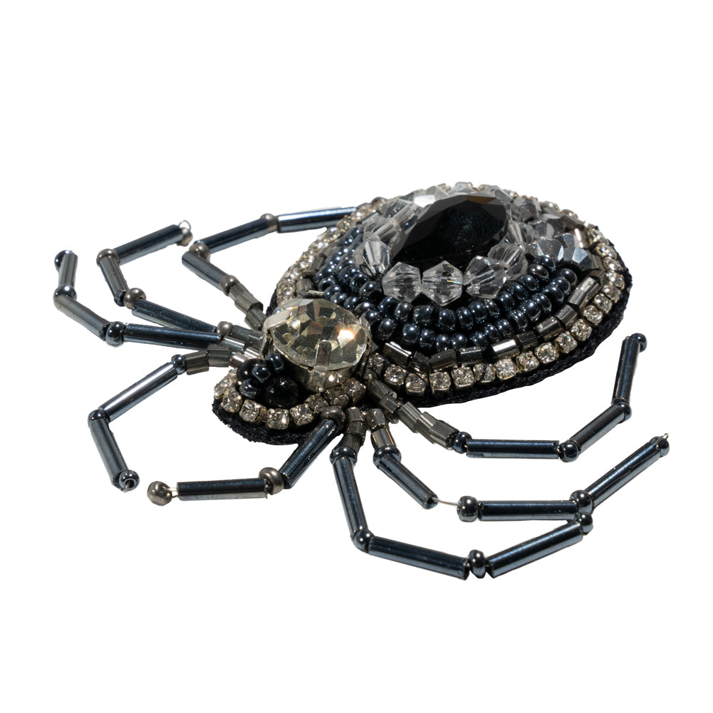 Crystal, Gunmetal and Iron Spider Rhinestone and Glass Beaded Applique - 2.625" X 2.875"