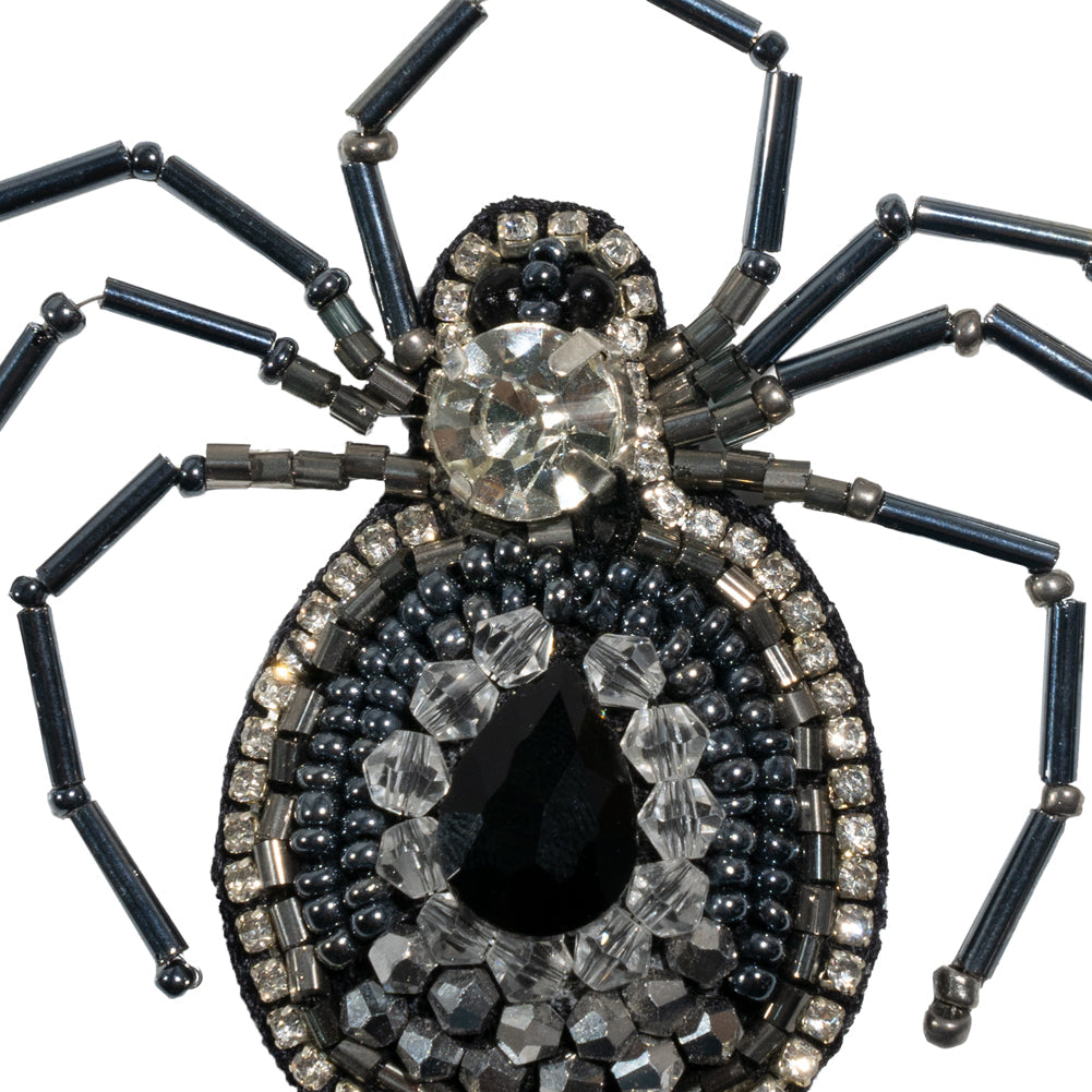 Crystal, Gunmetal and Iron Spider Rhinestone and Glass Beaded Applique - 2.625" X 2.875"