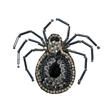 Crystal, Gunmetal and Iron Spider Rhinestone and Glass Beaded Applique - 2.625" X 2.875"