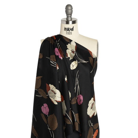 Black, Brown and Cream Floral China Silk/Habotai