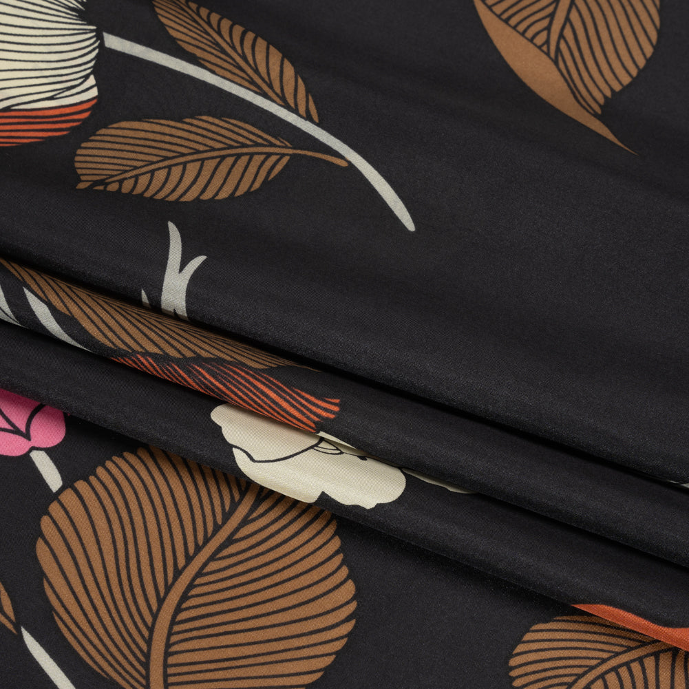 Black, Brown and Cream Floral China Silk/Habotai