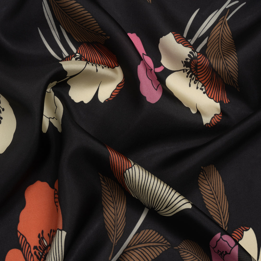 Black, Brown and Cream Floral China Silk/Habotai