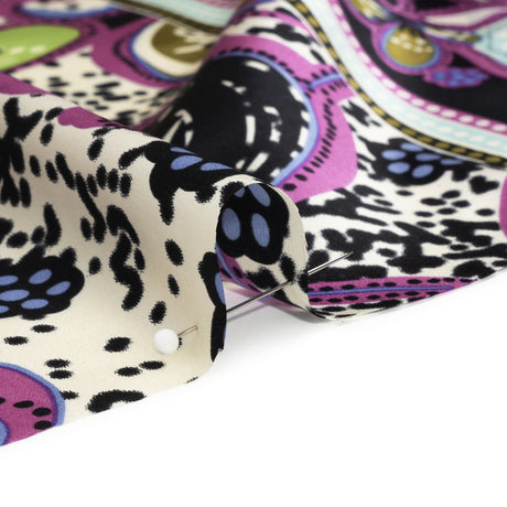 Magenta, Sky Blue and Black Floral Stripes Silk Charmeuse