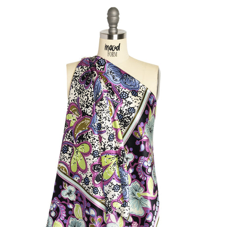 Magenta, Sky Blue and Black Floral Stripes Silk Charmeuse