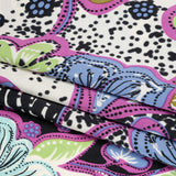 Magenta, Sky Blue and Black Floral Stripes Silk Charmeuse