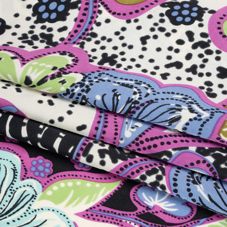 Magenta, Sky Blue and Black Floral Stripes Silk Charmeuse