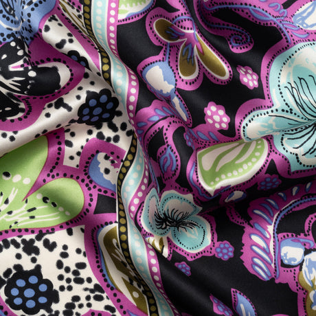Magenta, Sky Blue and Black Floral Stripes Silk Charmeuse