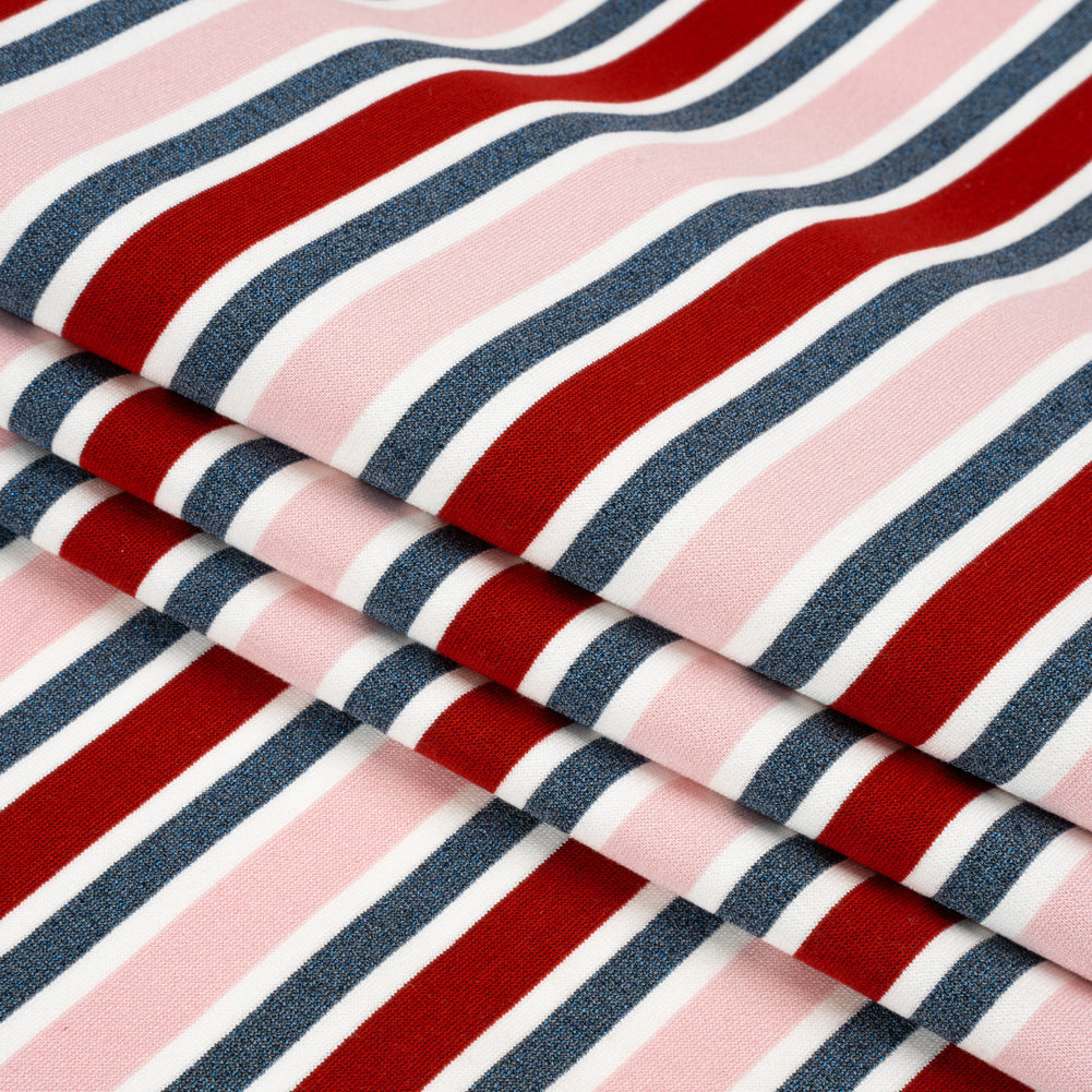 Oscar De La Renta Pink, Red and Metallic Blue Striped Stretch Interlock Knit
