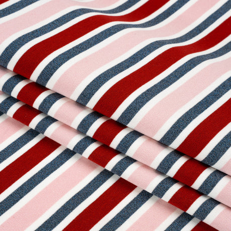 Oscar De La Renta Pink, Red and Metallic Blue Striped Stretch Interlock Knit