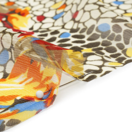 Brown, Yellow and Blue Abstract Crinkled Silk Chiffon
