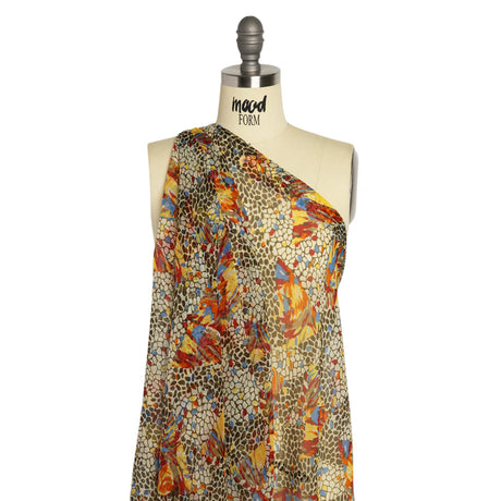 Brown, Yellow and Blue Abstract Crinkled Silk Chiffon