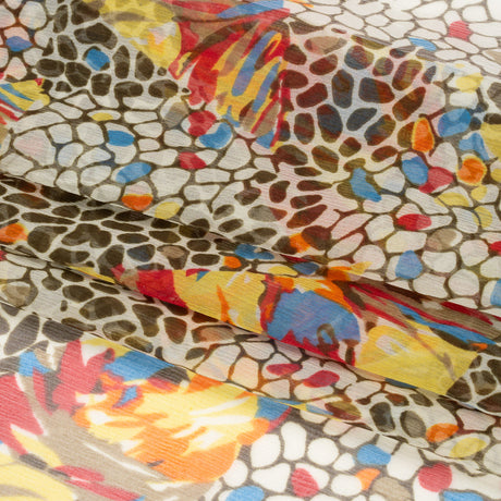 Brown, Yellow and Blue Abstract Crinkled Silk Chiffon