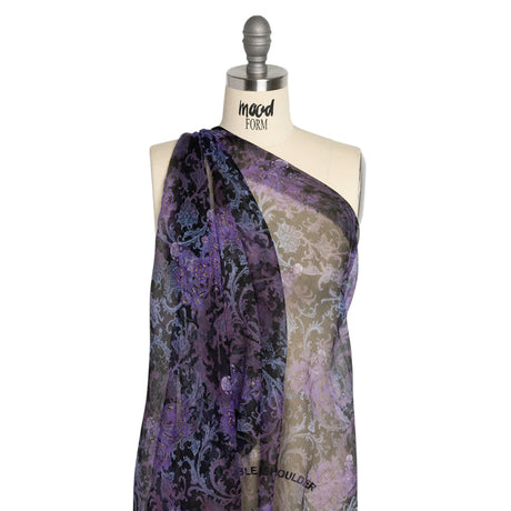 Purple, Black and Metallic Gold Matryoshka Doll Garden Crinkled Silk Chiffon