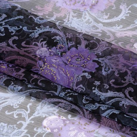 Purple, Black and Metallic Gold Matryoshka Doll Garden Crinkled Silk Chiffon