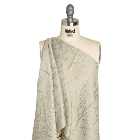 Luminous Sage Green and Heathered Beige Winter Trees Lightweight Polyester and Linen Brocade