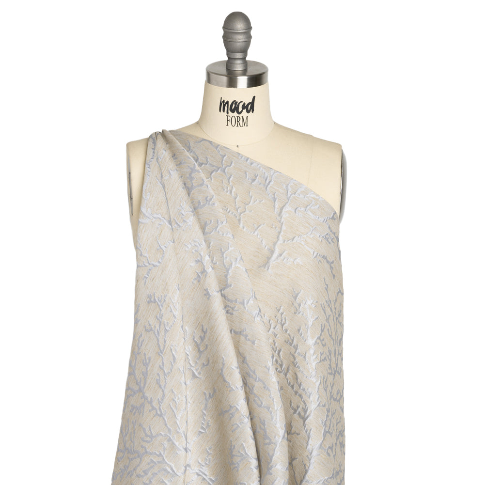 Luminous Baby Blue and Heathered Beige Winter Trees Lightweight Polyester and Linen Brocade