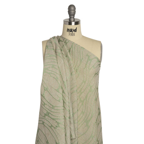 Luminous Sage Green and Heathered Beige Ripples Lightweight Polyester and Linen Brocade