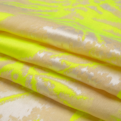 Neon Yellow, White and Beige Soft Leaves Lightweight Polyester and Viscose Luxury Brocade