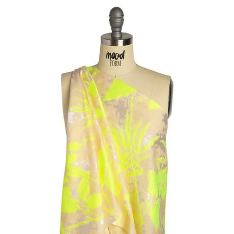 Neon Yellow, White and Beige Soft Leaves Lightweight Polyester and Viscose Luxury Brocade