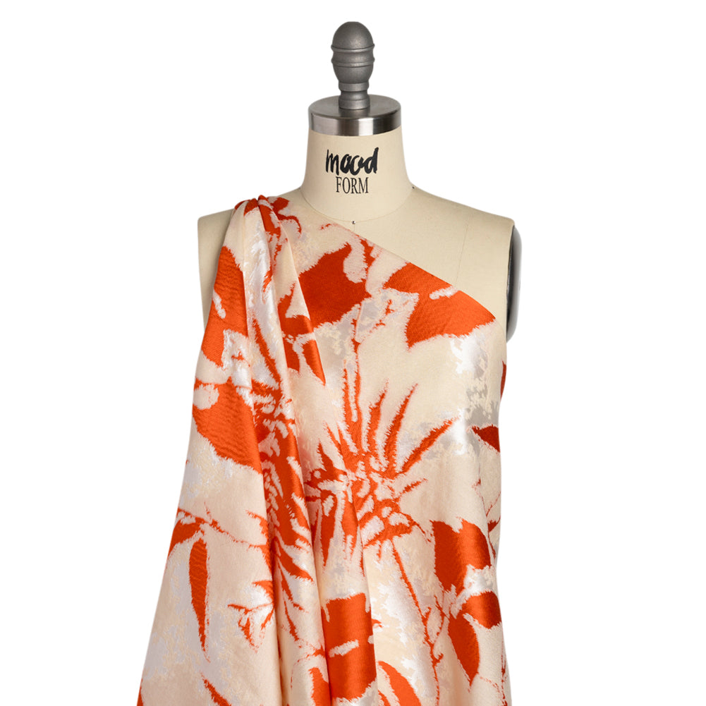 Red, White and Beige Soft Leaves Lightweight Polyester and Viscose Luxury Brocade