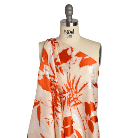Red, White and Beige Soft Leaves Lightweight Polyester and Viscose Luxury Brocade