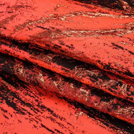 Metallic Copper, Neon Coral and Black Exploding Flowers and Brushstrokes Luxury Brocade