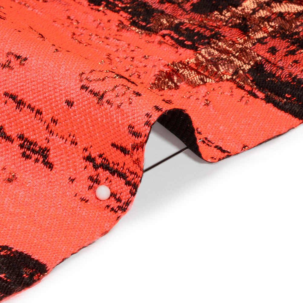 Metallic Copper, Neon Coral and Black Exploding Flowers and Brushstrokes Luxury Brocade