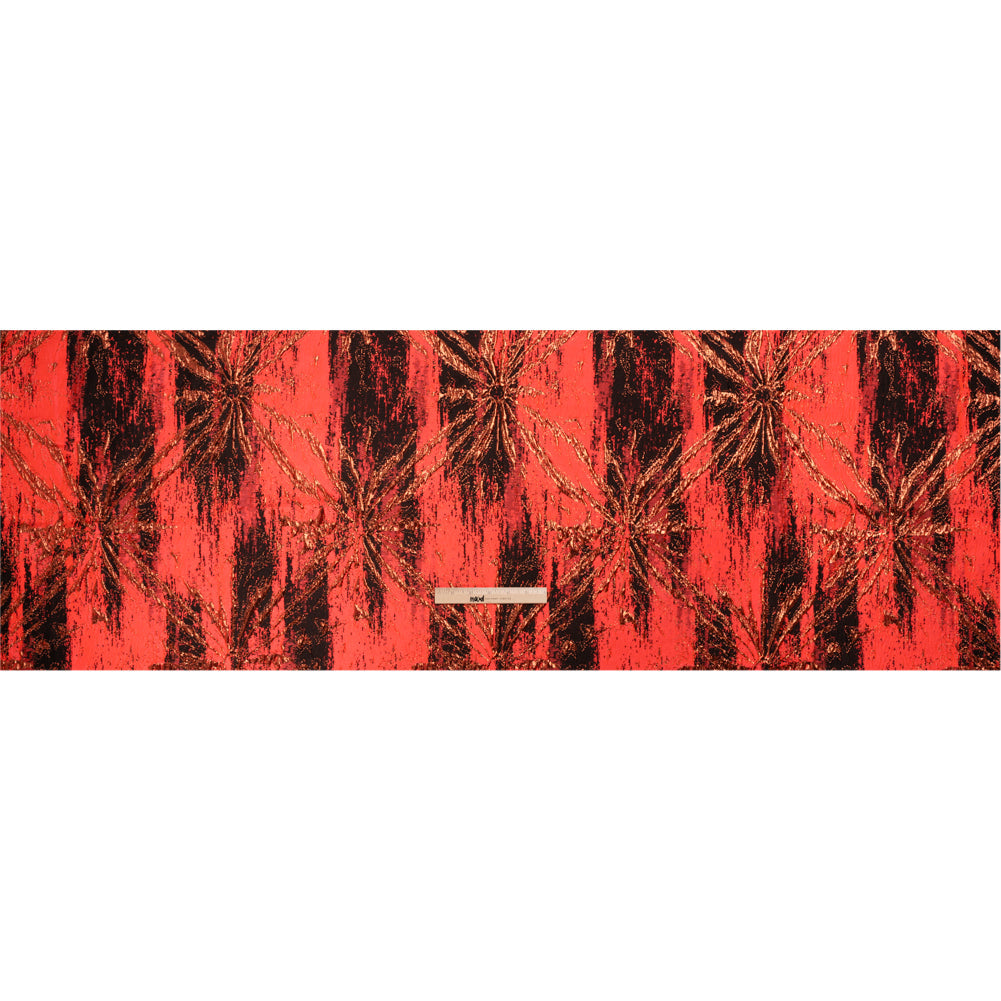 Metallic Copper, Neon Coral and Black Exploding Flowers and Brushstrokes Luxury Brocade