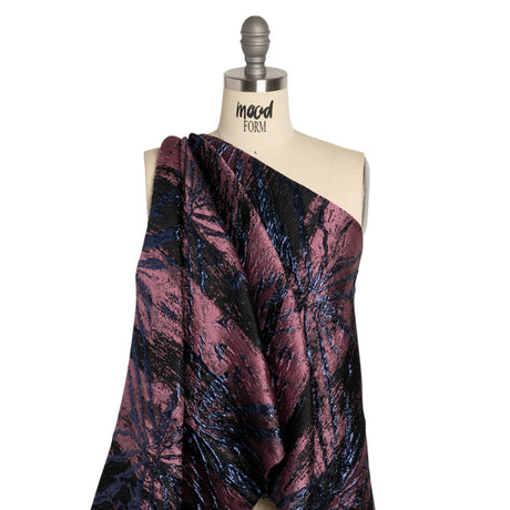 Metallic Midnight, Dark Mauve and Black Exploding Flowers and Brushstrokes Luxury Brocade