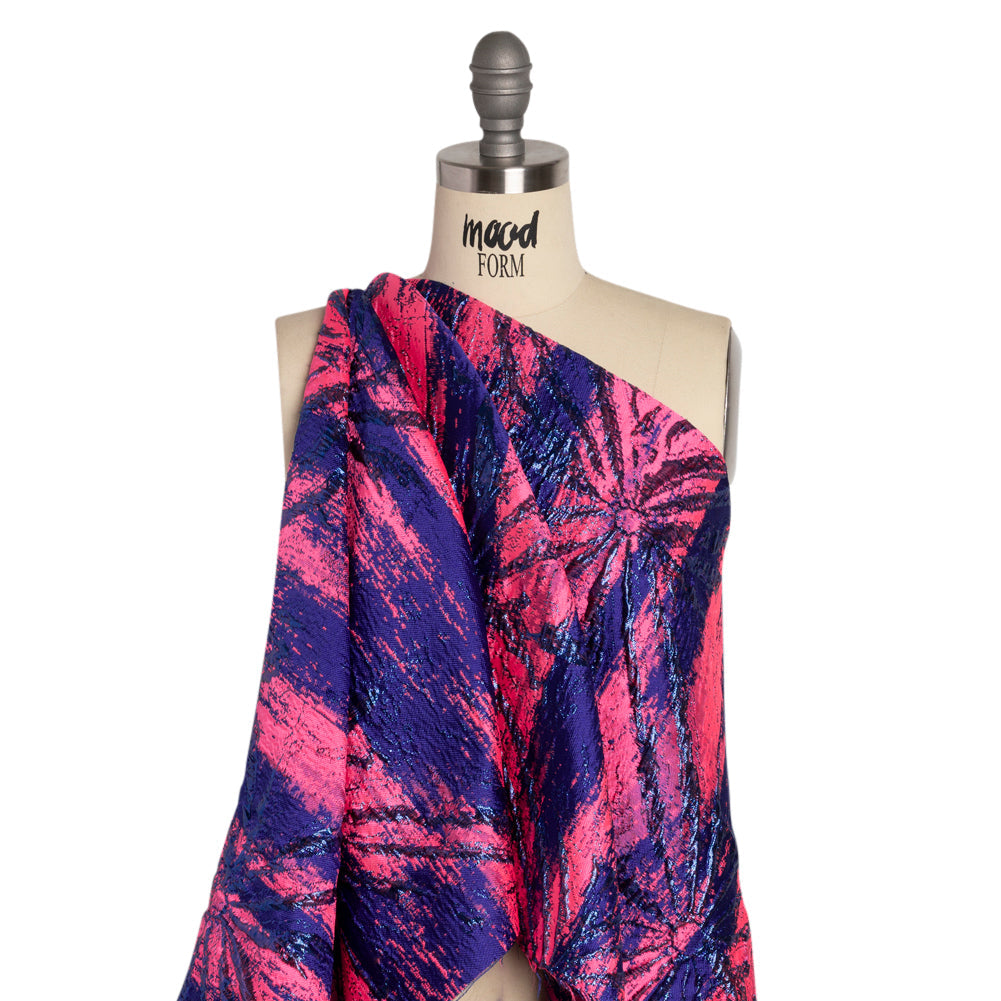 Metallic Blue, Royal and Hot Pink Exploding Flowers and Brushstrokes Luxury Brocade