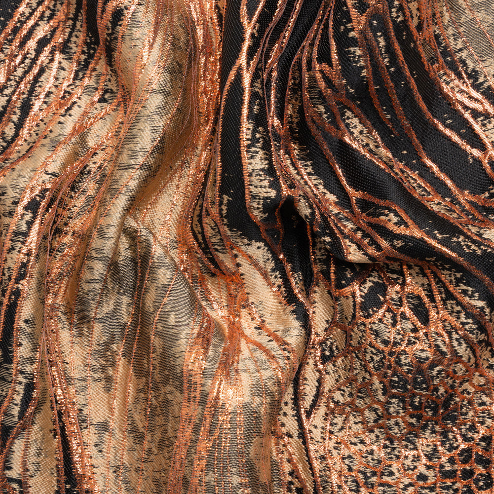 Metallic Copper, Beige and Black Organic Abstractions Luxury Brocade
