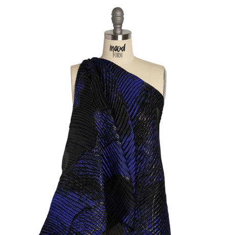 Metallic Black and Bright Navy Abstract Formations Ribbed Burnout Luxury Brocade