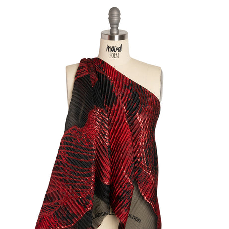 Metallic Red and Black Abstract Formations Ribbed Burnout Luxury Brocade