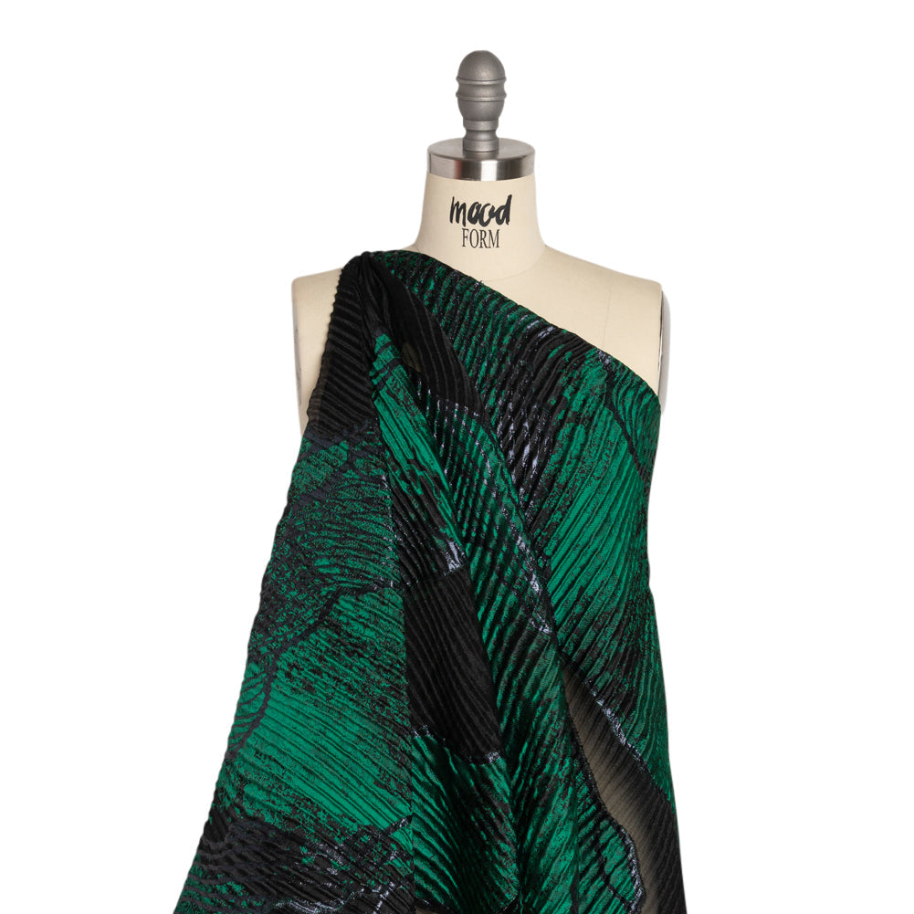 Metallic Black and Green Abstract Formations Ribbed Burnout Luxury Brocade