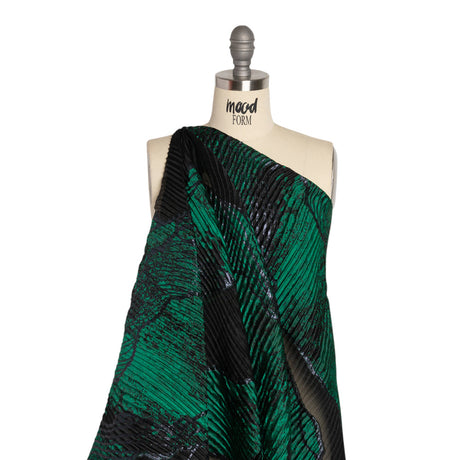 Metallic Black and Green Abstract Formations Ribbed Burnout Luxury Brocade