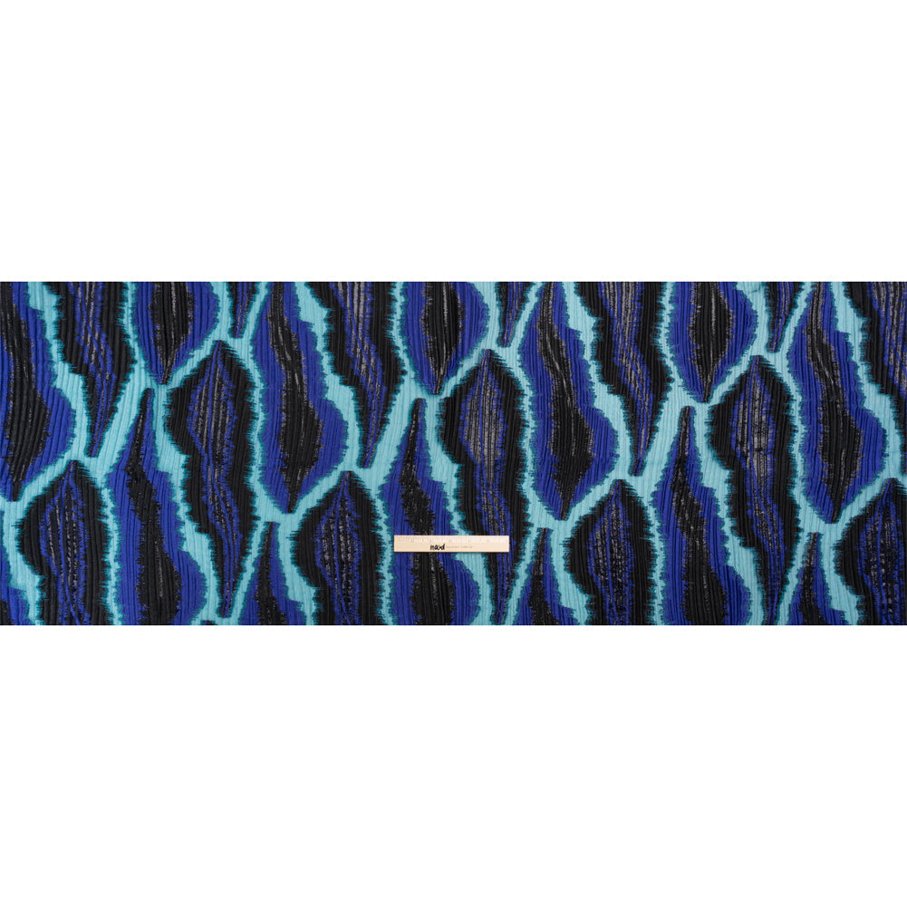 Metallic Black, Royal and Teal Abstract Islands Ribbed Burnout Luxury Brocade