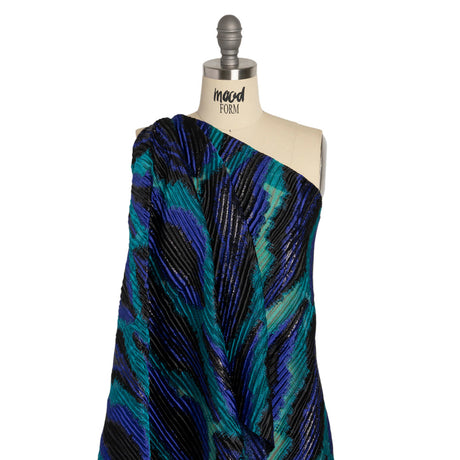 Metallic Black, Royal and Teal Abstract Islands Ribbed Burnout Luxury Brocade