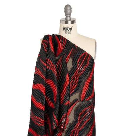 Metallic Black and Red Abstract Islands Ribbed Burnout Luxury Brocade