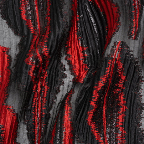 Metallic Black and Red Abstract Islands Ribbed Burnout Luxury Brocade