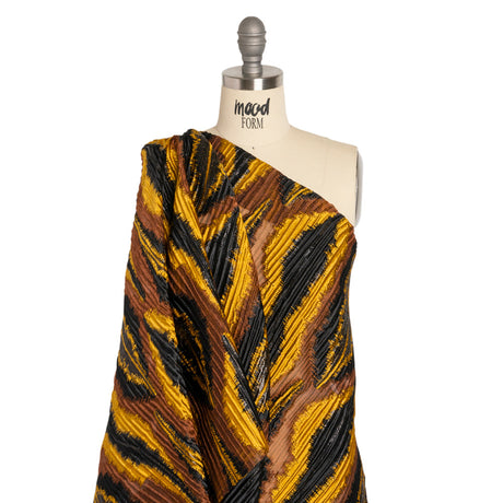 Metallic Brown, Mustard and Black Abstract Islands Ribbed Burnout Luxury Brocade