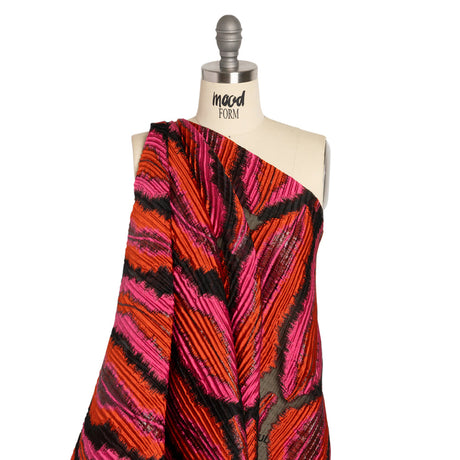 Metallic Red, Pink and Black Abstract Islands Ribbed Burnout Luxury Brocade