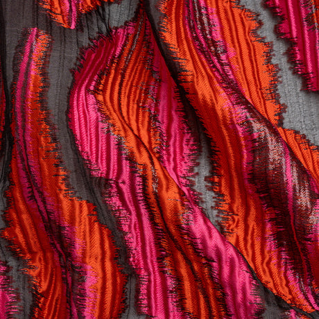 Metallic Red, Pink and Black Abstract Islands Ribbed Burnout Luxury Brocade